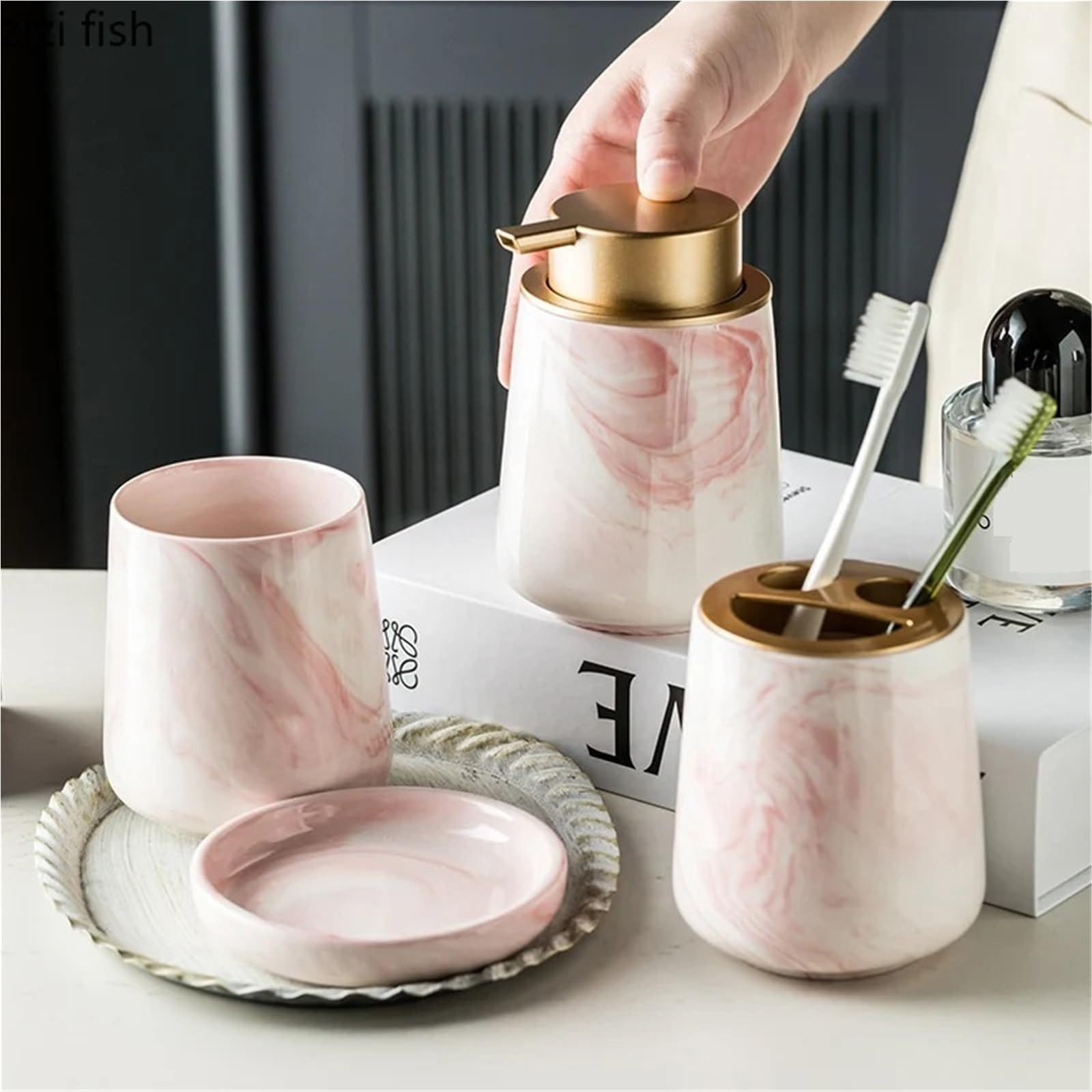 Set De Baño Juego de 4 Piezas baño con diseño mármol cerámica, artículos tocador, Botella loción, jabón, Enjuague bucal, Taza, Juegos Lavado Platos(Gray 4pcs)
