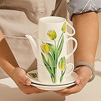 Vista 4 de Juego de té de cerámica para dos, tetera de 13.6 onzas con infusor, hervidor apilado, dos tazas y platillo con patrón de flores pintadas a mano