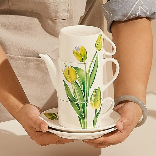 Miniatura 10 de Jimiruigro Juego de té de cerámica para dos tetera de 136 onzas con infusor hervidor apilado de dos tazas y platillo con patrón de flores pintadas a