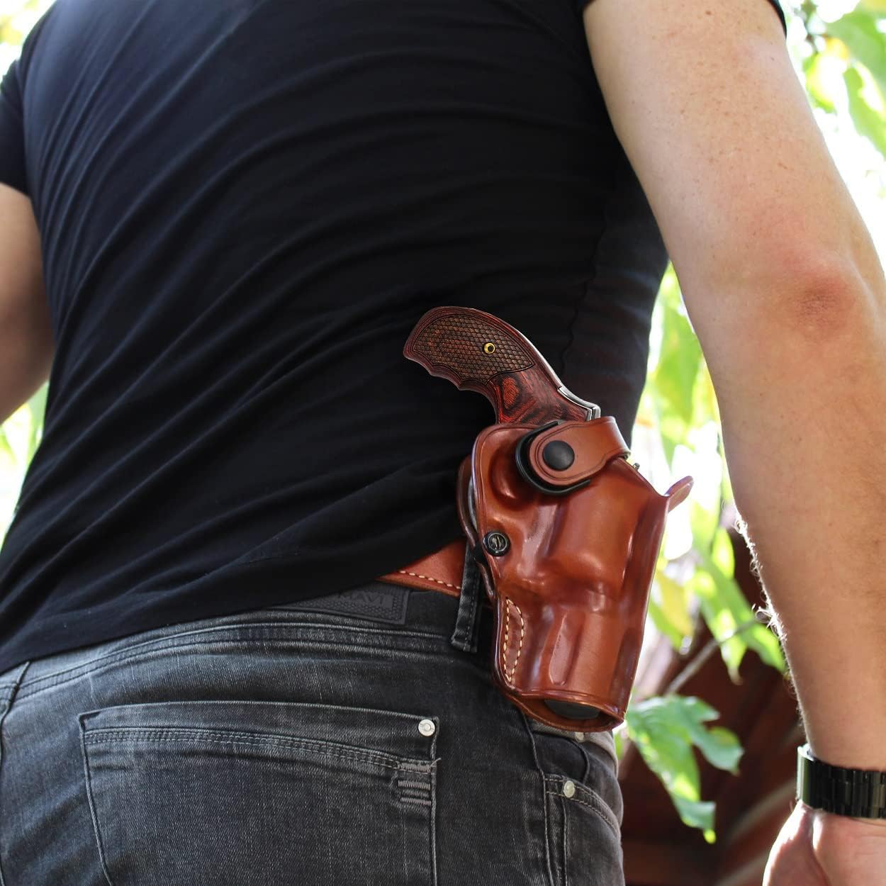 Masc OWB Leather Paddle Revolver Holster with Retention Strap, Fits Model 686 Plus .357 Mag 7-Shot 3-inch, Right Hand Draw Brown Color #1465#