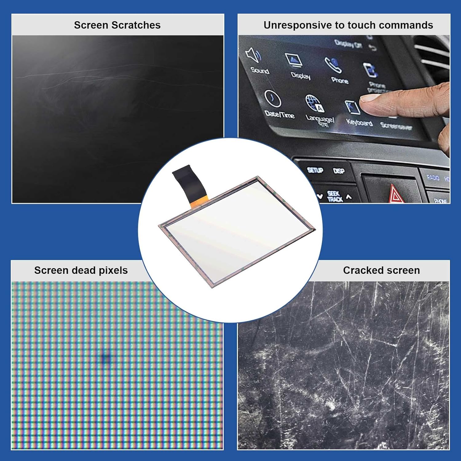 Four images depicting common screen issues: screen scratches, unresponsive touch commands, screen dead pixels, and a cracked screen, with the digitizer in the center.