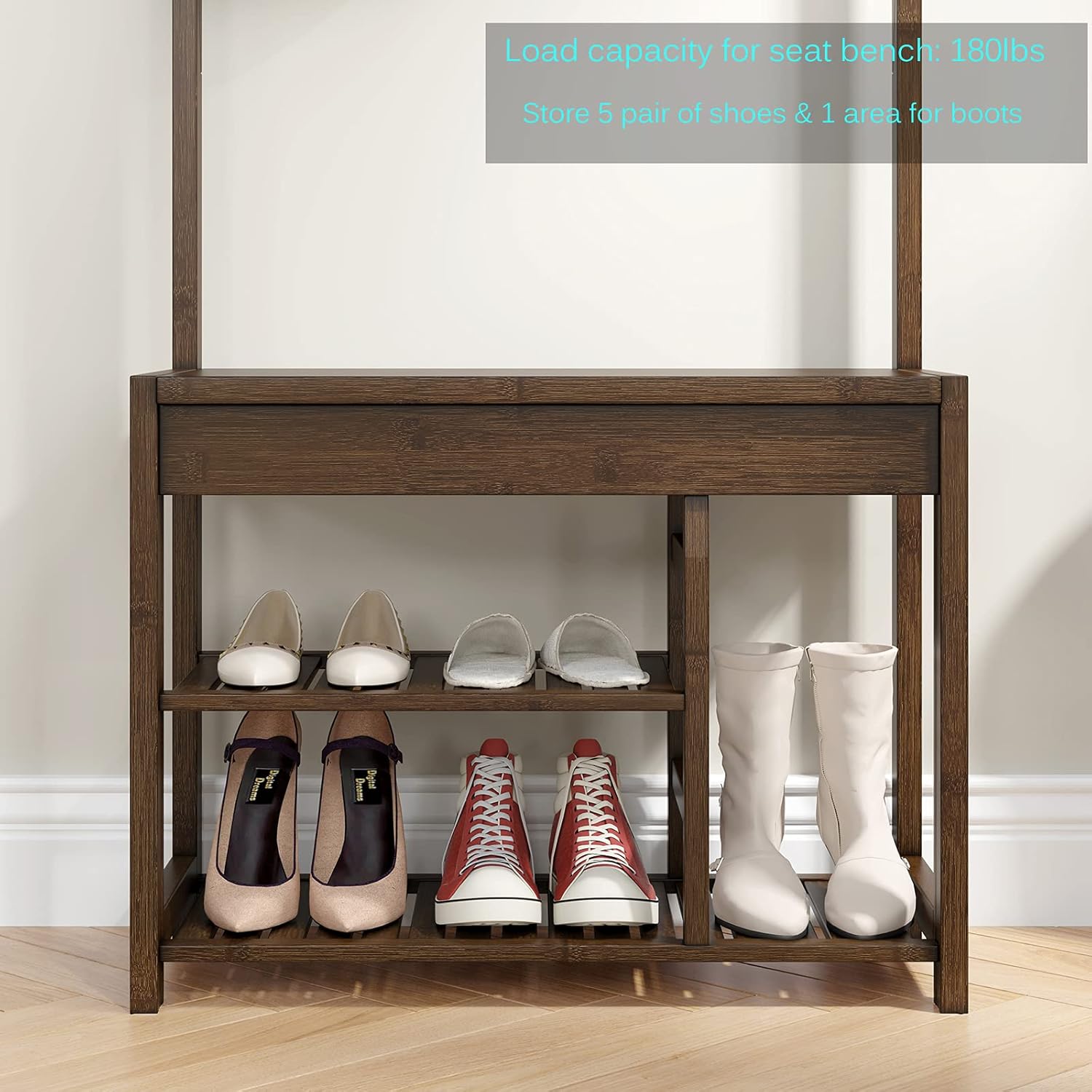 SEIRIONE Coat Rack and Shoe Storage Bench for Entryway, 5 In 1 Design, Hall Tree with a Storage Cubby for Mudroom,10 Hanger Hooks, 1 Top Shelf, 2 Shoe Rack,Bamboo,Vintage : Home & Kitchen