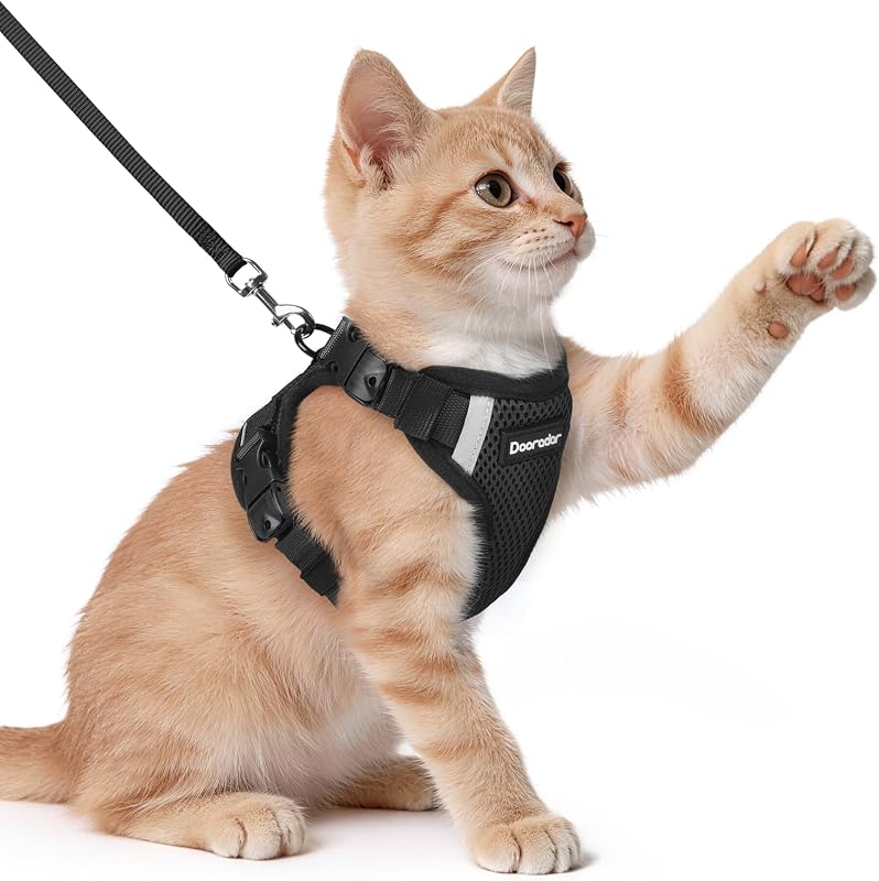 Peitoral para Gatos com Guia, Fivelas Ajustáveis e Faixas Refletivas Dooradar Preto