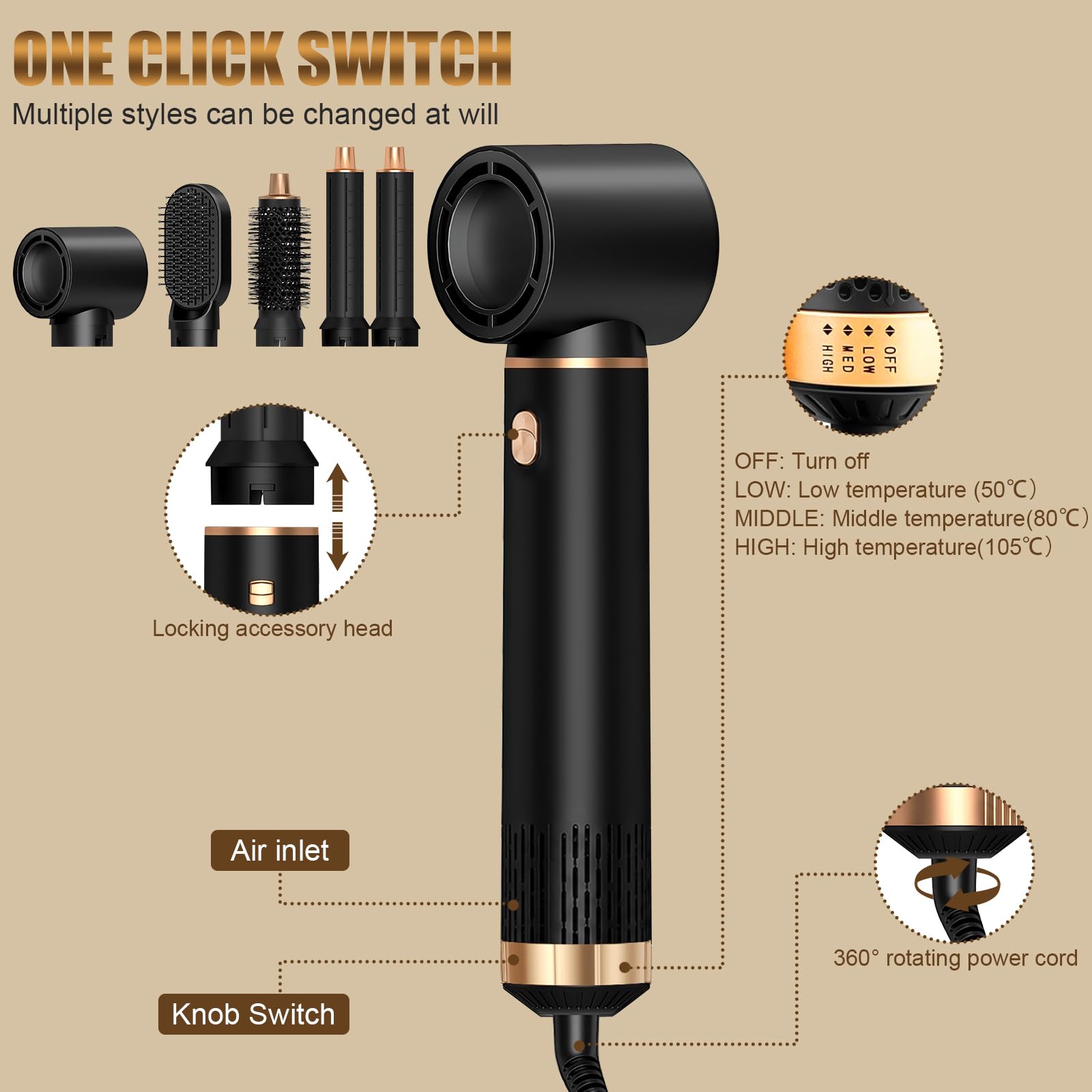 Brosse Soufflante 5 en 1, Seche Cheveux 1000W, Air Styler avec 5 Accessoires, Brosse Soufflante, Fer a Boucler, Thermal Brush, Brosse Lissante Seche Cheveux pour Sécher, Boucler, Lisser