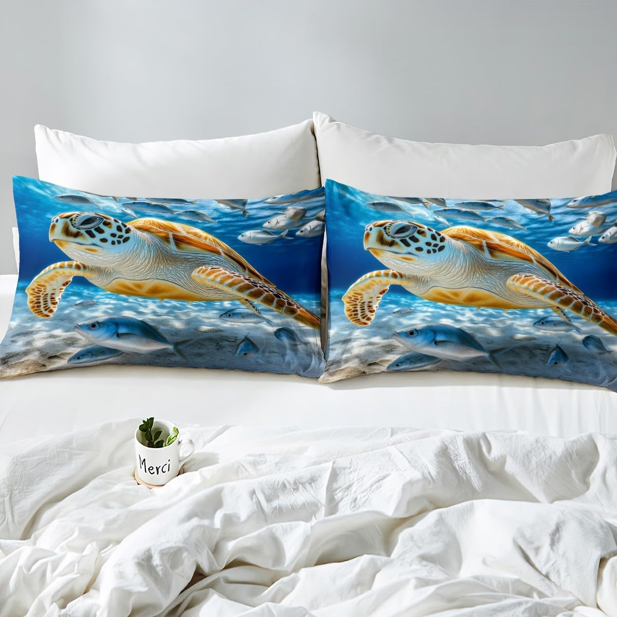 Erosebridal Queen Sea Turtle Fitted Sheet Set, Ocean Blue, Coral, Marine Sea Life Pattern, 4 Piece Set, 1 Fitted Sheet 60"x80"x16", 1 Flat Sheet 102"x90", 2 Pillowcases 20"x30"