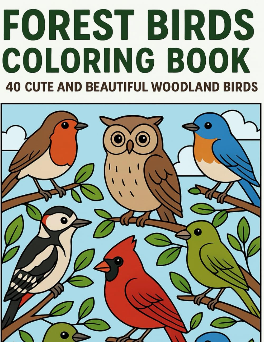 Forest Birds Coloring Book: 40 Cute and Beautiful Woodland Birds for Kids & Adults: Cute Forest Birds Coloring Book: Easy and Relaxing Coloring Pages for All Ages
