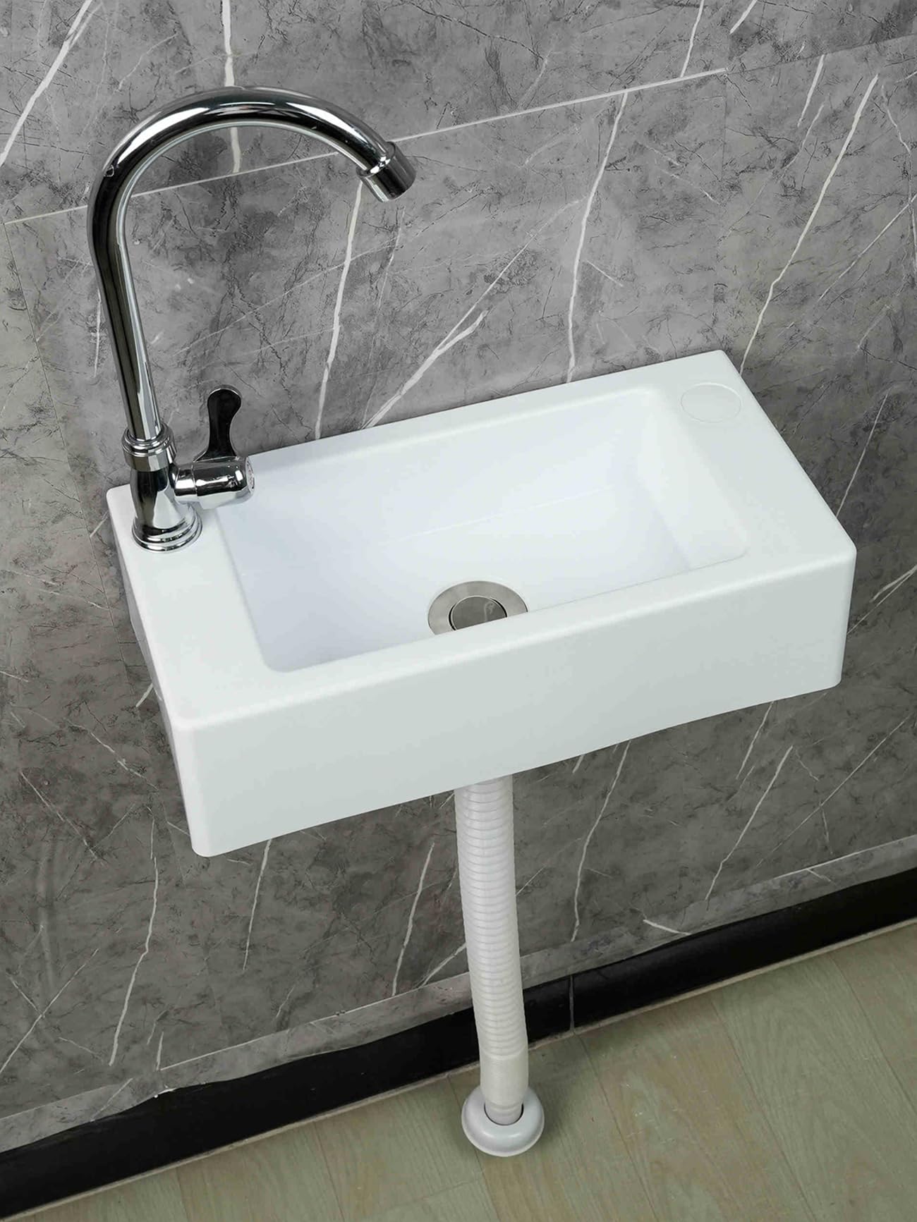 DDS22E Rectangular Laundry Sink White PP Resin 40x20x11cm Corner Wall-Mounted 75-150cm Drain(C - Rubinetto dell'acqua Fredda Singolo)
