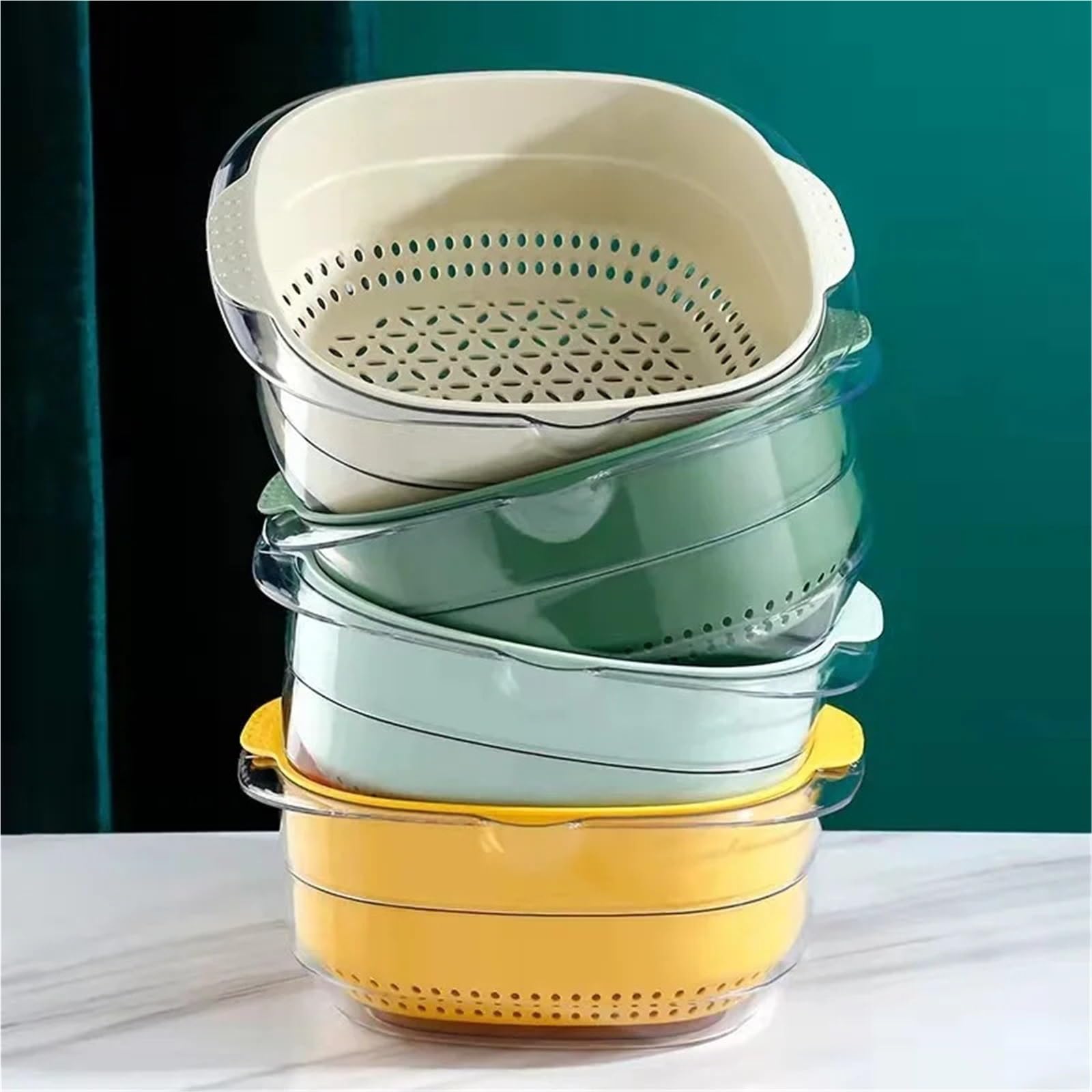 Cesta coladora de doble capa 2 piezas Para Cocina | Colador de frutas y verduras for lavado de cocina, cesta de remojo for lavado y enjuague(White)