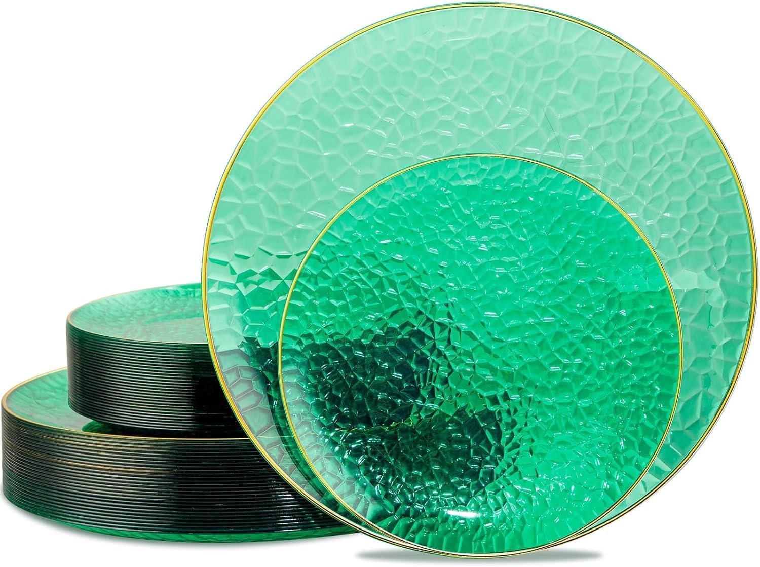 Hioasis 60pcs Green Plastic Plates - Gold Rimmed Disposable, Hammered, Heavy-duty Dinnerware Set Suitable for 30 Guests, 10.25" Dinner & 7.5" Dessert Plates for Party & Wedding