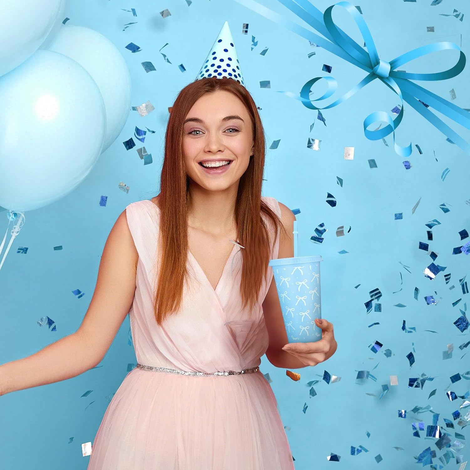 Pickmesh 12 Pcs 24 oz Blue Bow Plastic Cups with Lid and Straw Gift Coquette Bow Birthday Decorations Reusable Party Cups Tumbler Water Bottle Gift for Wedding Bridal Engagement Baby Shower - Image 5