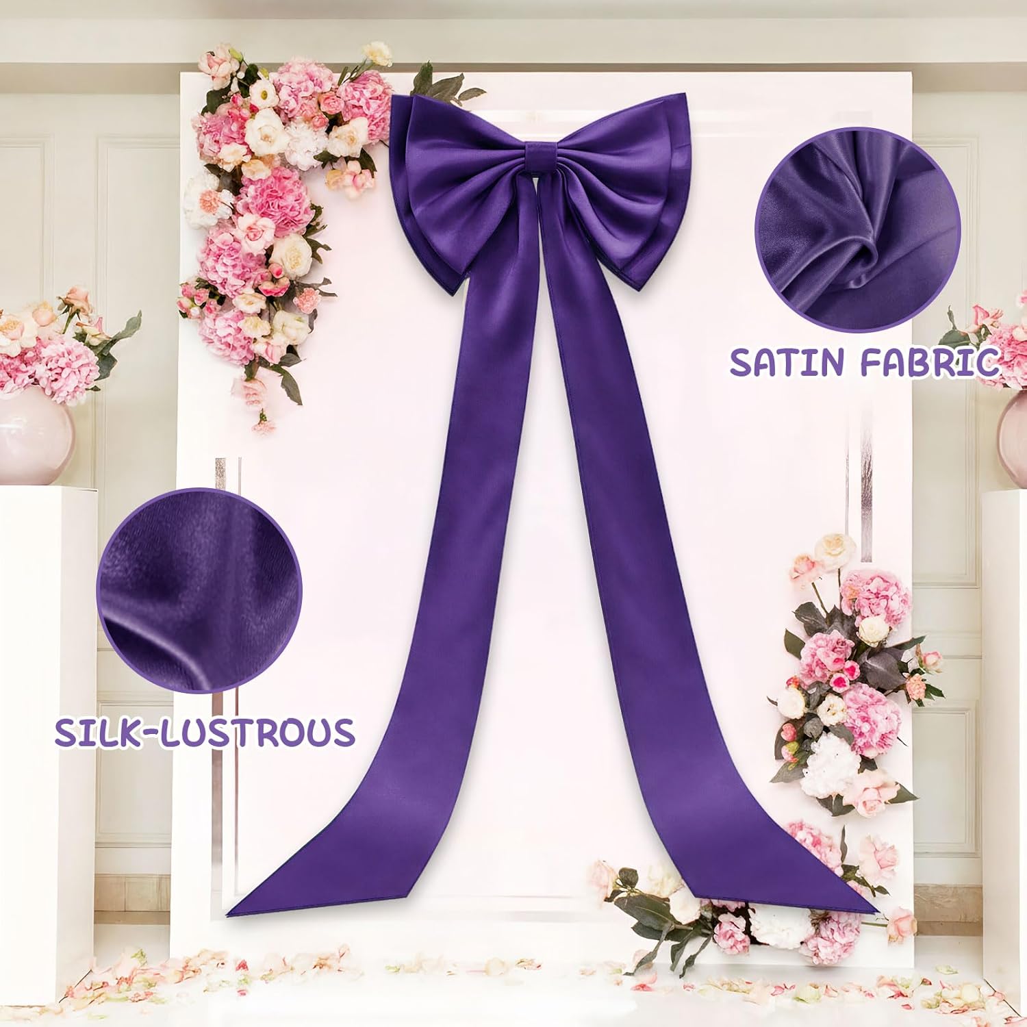 Large Satin Bow for Backdrop, 75" x 18" Giant Bow Ribbon Tie for Themed Room Wall Decor Ormanents Door Wedding Engagement Bachelorette Shower Bridal Christmas Tree Decoration (Purple, 18x75 Inches)