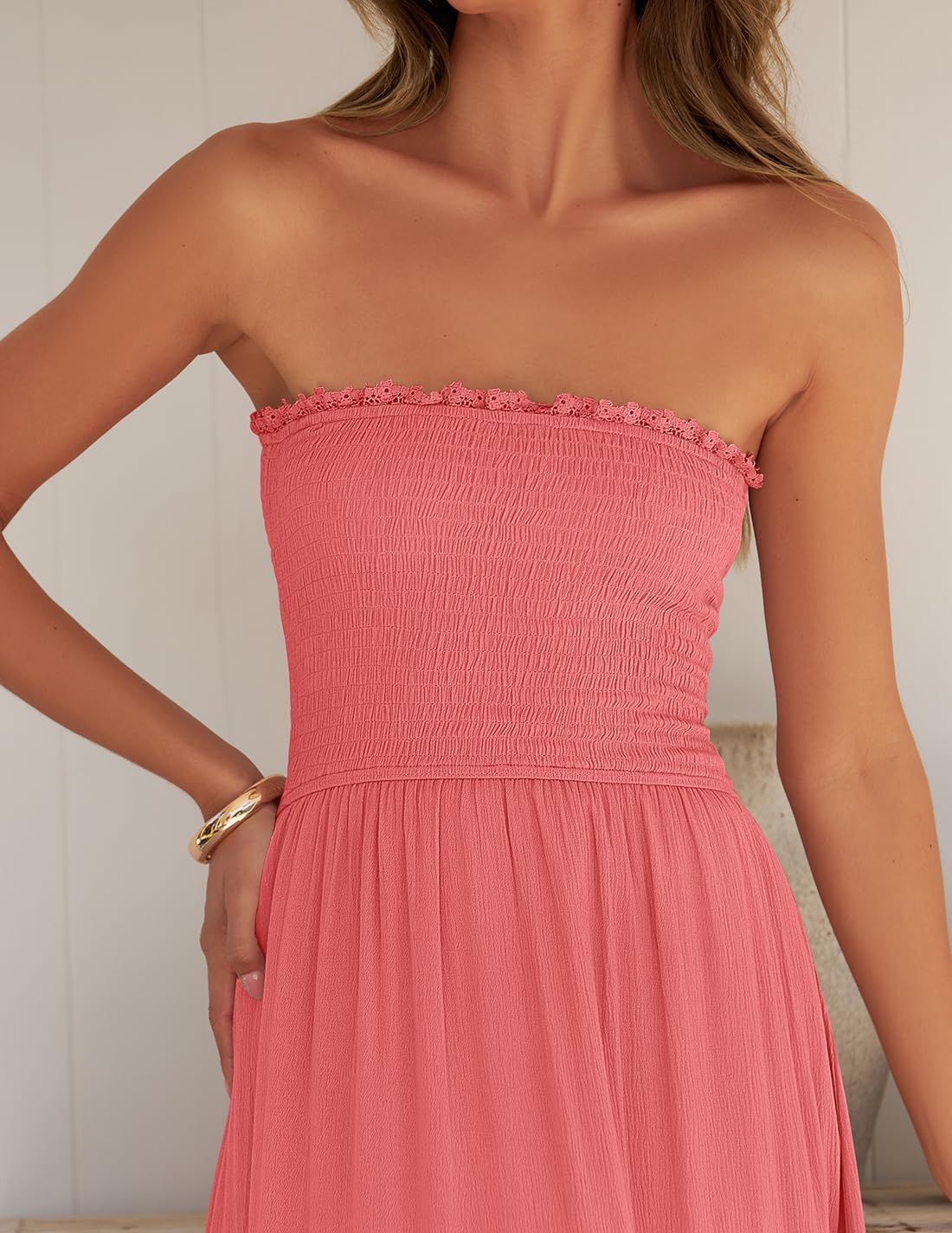 ZESICA Women's 2026 Summer Bohemian Strapless Off Shoulder Lace Trim Backless Flowy A Line Beach Long Maxi Dress - Image 4