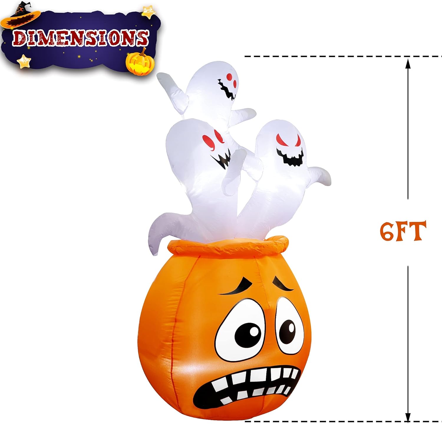 Joliyoou Halloween Blow Up Yard Decoration, 6 FT White LED Lighted Inflatable Pumpkin with Three Ghosts Standing On, Inflatable Holiday Yard Lawn Garden Decorations for Indoor and Outdoor : Patio, Lawn & Garden