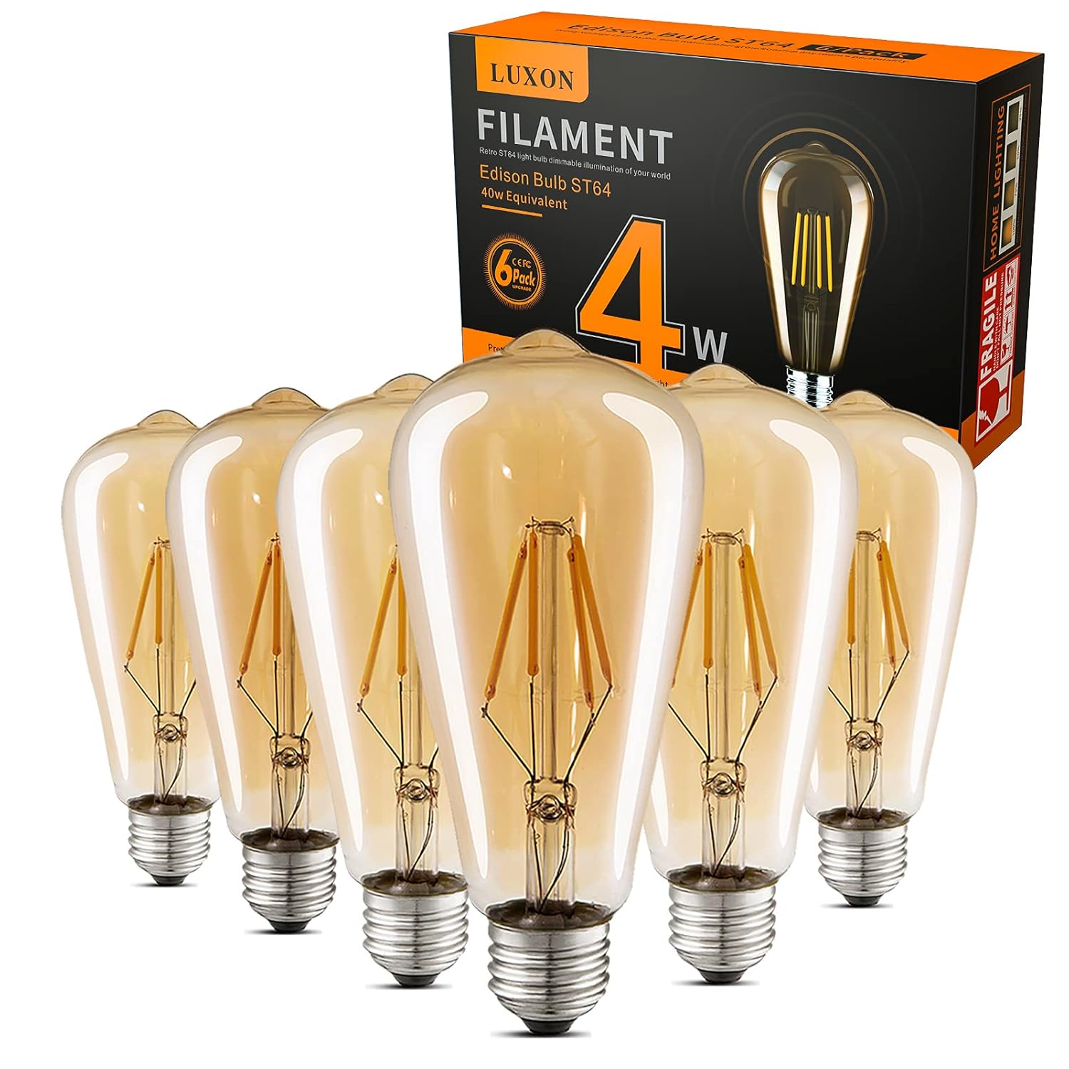 LUXON LED Edison Bulbs Dimmable Amber Glass Warm 2700K Antique Vintage Style Filament Light Bulbs 40W Equivalent E26