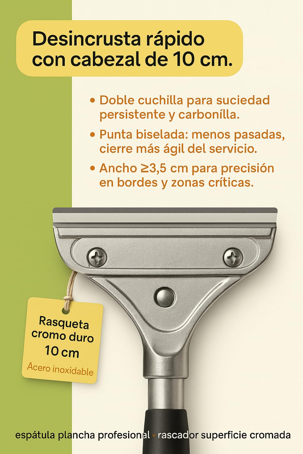 Rasqueta Cromo Duro 10 Cm Acero Inoxidable Mango Antideslizante Doble Cuchilla Apta Lavavajillas Limpieza Planchas Fry Top HORECA Industrial Ref 93GS09001 Herramienta Sat