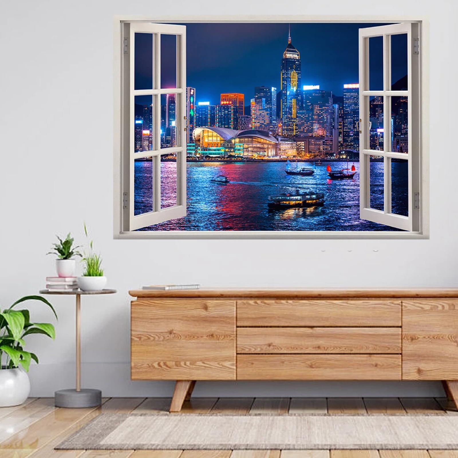 3D Wandtattoo I Wandbild City ​​buildings Night View Wandaufkleber I Wandsticker Durchbruch Poster Fensterblick I Wand Deko Aufkleber für Wohnzimmer Schlafzimmer Küche Türaufkleber 70x122cm
