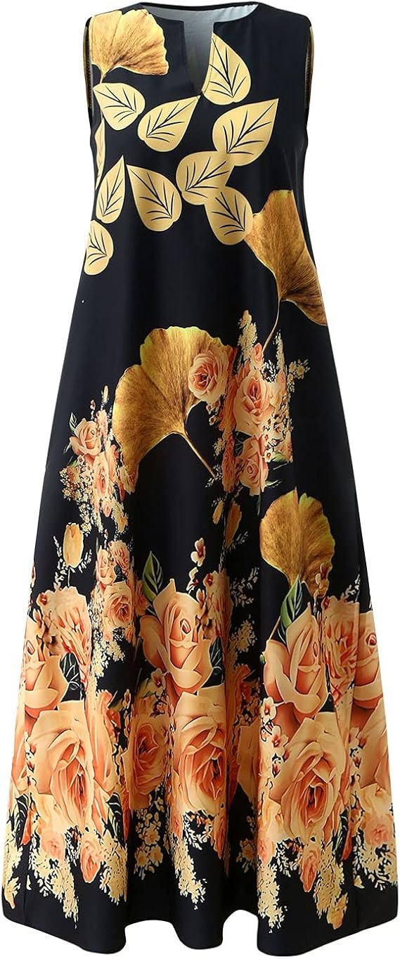 Amazon Co Jp レディース ワンピース 夏服 Hostingg 大きいサイズ 袖なし花柄 ロングワンピース Vネック ゆったり 体型カバー マキシワンピース 韓国風 カジュアル リネンドレス 普段着 部屋着 ドレス シューズ バッグ