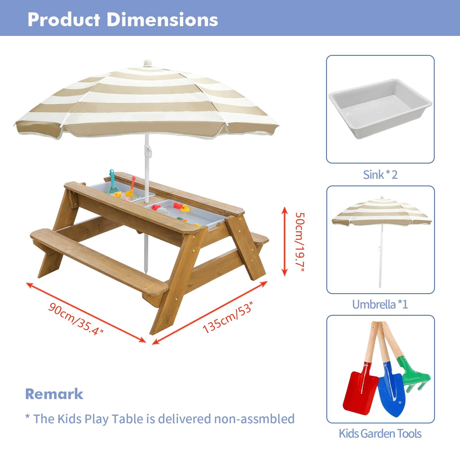 Table d'activités pour enfants, table de pique-nique convertible en bois, table de salle à manger, parapluie pliable réglable, pique-nique pour l'extérieur (naturel/marron)