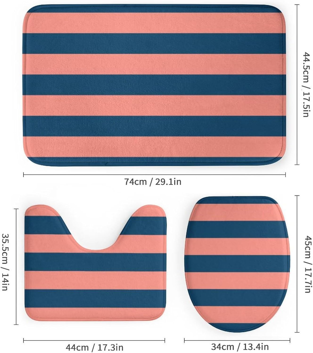 4Pcs Shower Curtain Sets, Coral and Navy Stripes Bathroom Sets with Non-Slip Bath Rugs, Toilet Lid Cover & U Shape Mat, Waterproof Shower Curtain with 12 Hooks, 72"x72"