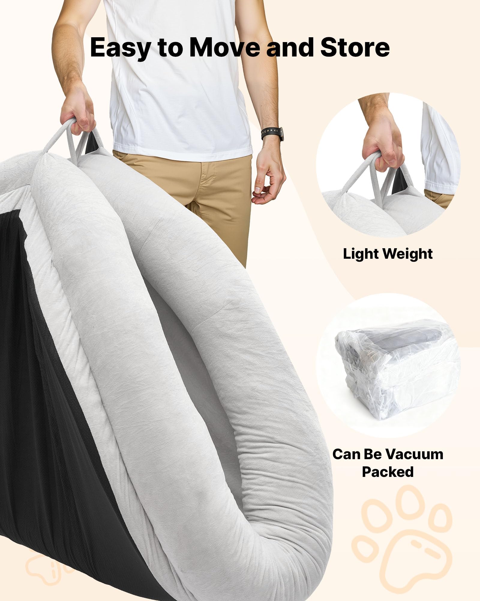 VEVOR Cama para Perros, 178 x 120 x 24 cm, Peluche Corto, de Espuma Viscoelástica, Tamaño Humano, con Bolsillo Lateral, Asa y Cremallera, Funda Extraíble y Lavable a Máquina, Gris, Diseño Ovalado