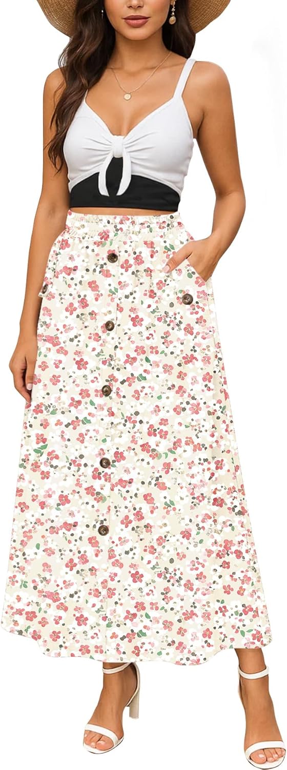 YSYOKOW Women Elastic High Waisted A-Line Midi Skirt Button Front Flowy Long Skirts Casual with Pockets