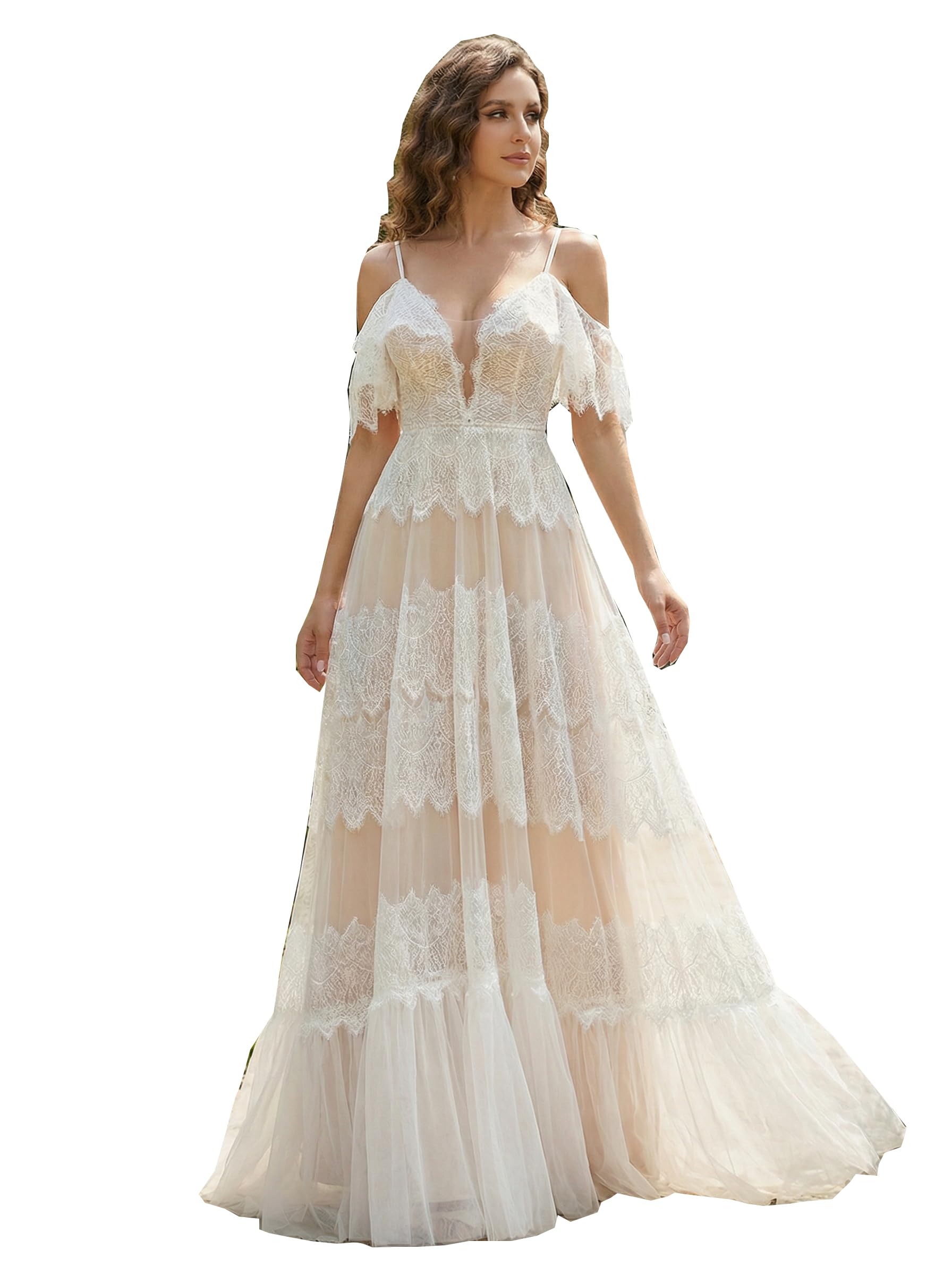 Spaghetti Chiffon Beach Wedding Dress V Neck A line Bridal Gowns Lace Plus Size Wedding Dress
