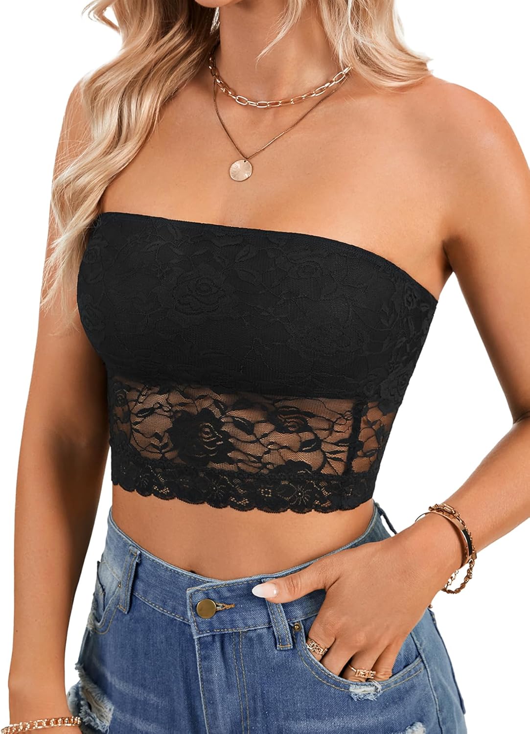 Vrtige Women's Summer Y2k Lace Sheer Tube Top Strapless Scallop Hem Crop Bandeau Tops - Image 6