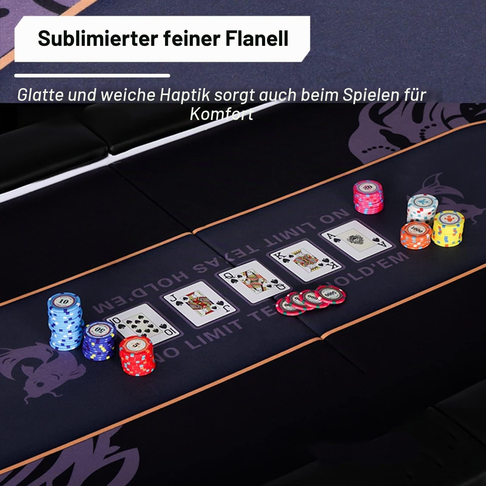 Klappbarer Pokertisch für 10 Spieler mit blauen LED-Lichtern, Getränkehaltern aus Edelstahl und zusammenklappbaren Beinen – Casino Tischplatte Texas Holdem Pokertisch