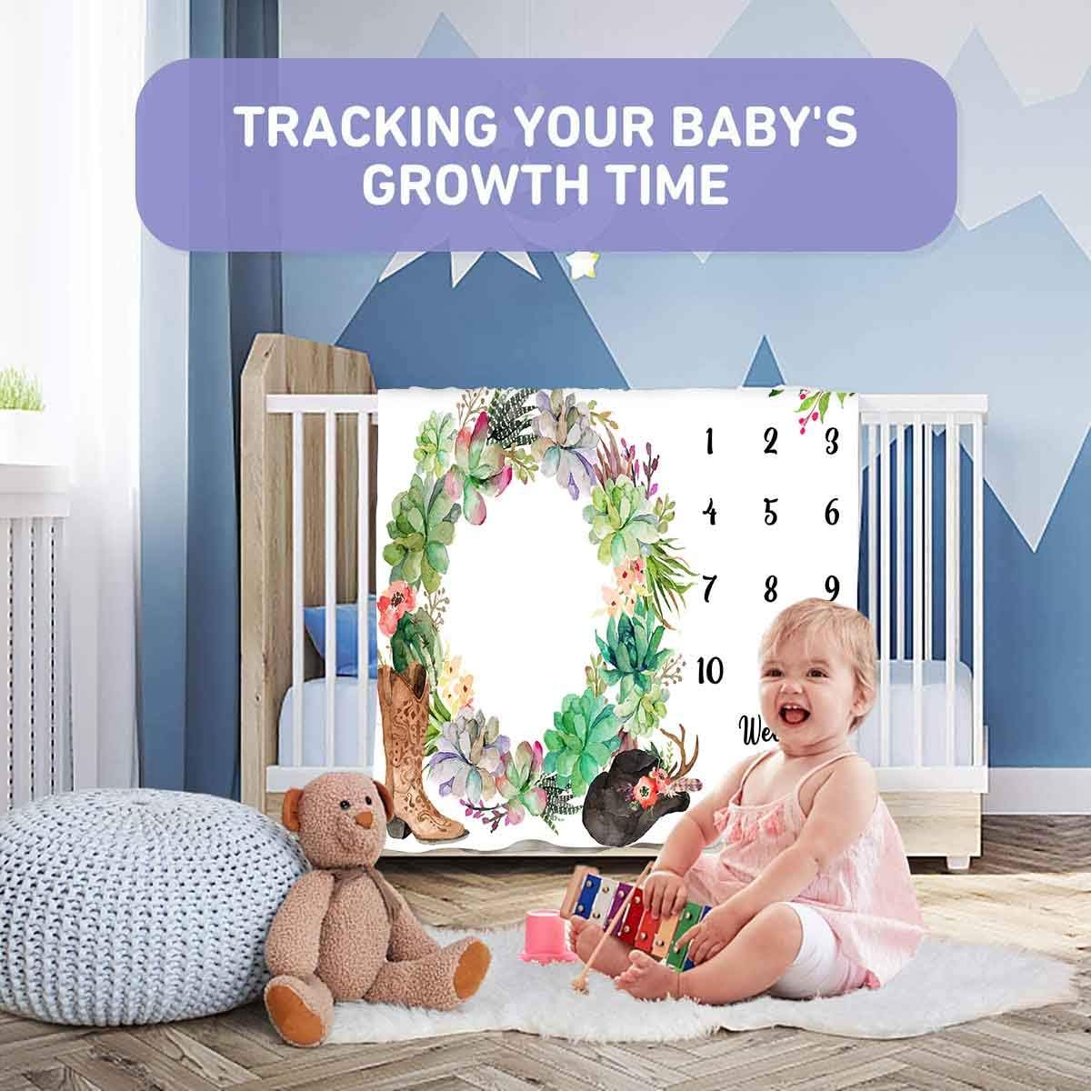 Baby Monthly Milestone Blanket, Western Cowboys Floral Wreath Age Blanket for Nursery, Unisex for Newborn 1-12 Months, Includes 4 Frame and 1 Headband 47"x47" BTLSPH463