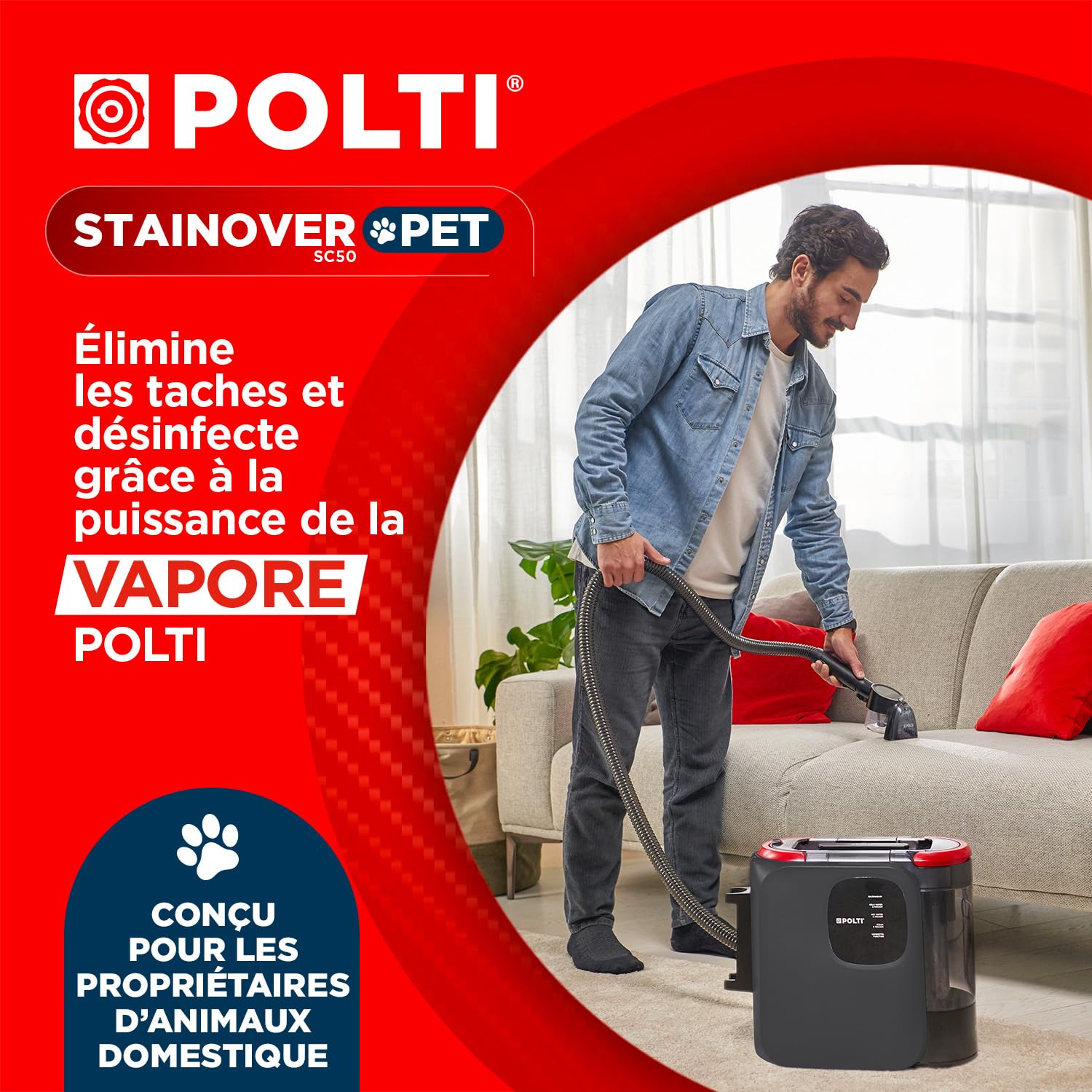 Polti StainOver Pet SC50, Shampouineusevapeur 4 en 1 Pour éliminer Les Taches, Détacheur avec Fonction Vapeur, Idéal Pour les Propriétaires d'Animaux, 10 Accessoires Inclus, Gris Foncé