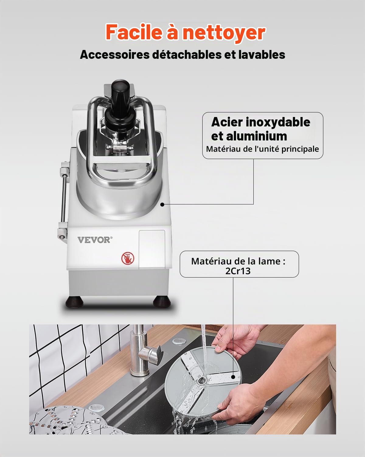 VEVOR Robot culinaire multifonction, 2 trous d'alimentation, hachoir à légumes en acier inoxydable de qualité alimentaire, 750 W, avec 6 lames détachables, broyeur et trancheuse, pour légumes, fruits