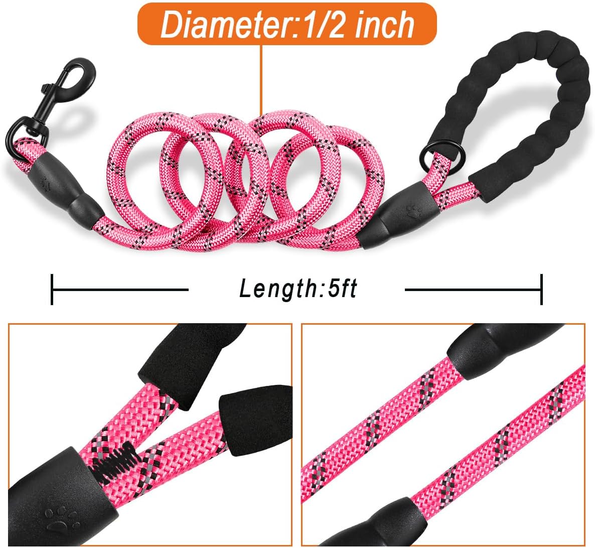 BARKBAY Dog Leashes for Large Dogs Heavy Duty Dog Leash 2 Pack 5 FT with Comfortable Padded Handle Highly Reflective Threads for Medium Large Dogs Walking Training Running (5FT-1/2,Pink Black)