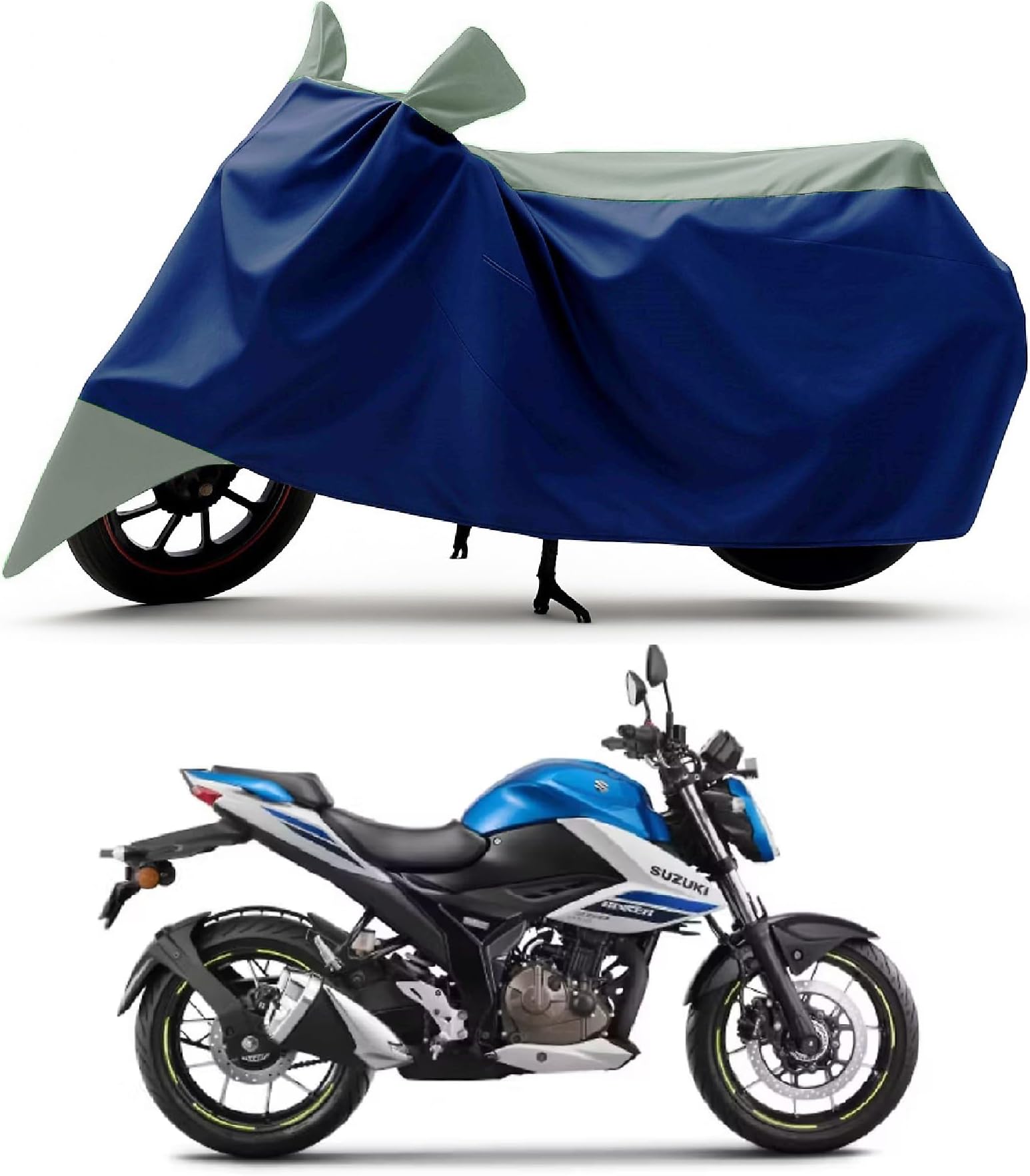 All Season Protection Bike Cover for Suzuki Gixxer 250 Special Edition Bike Cover with Water-Resistant and Dust Proof Premium 190T Fabric_Grey Stripe with Navy Body