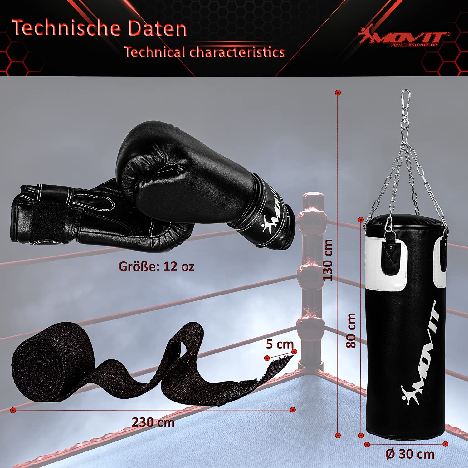 MOVIT Boxsack-Set 25 kg, gefüllt, inkl. Boxsack (Höhe 80cm x Durchmesser 30cm), 12 oz Boxhandschuhe, Boxbandagen, für Erwachsene, Boxing Boxen, schwarz oder weiß