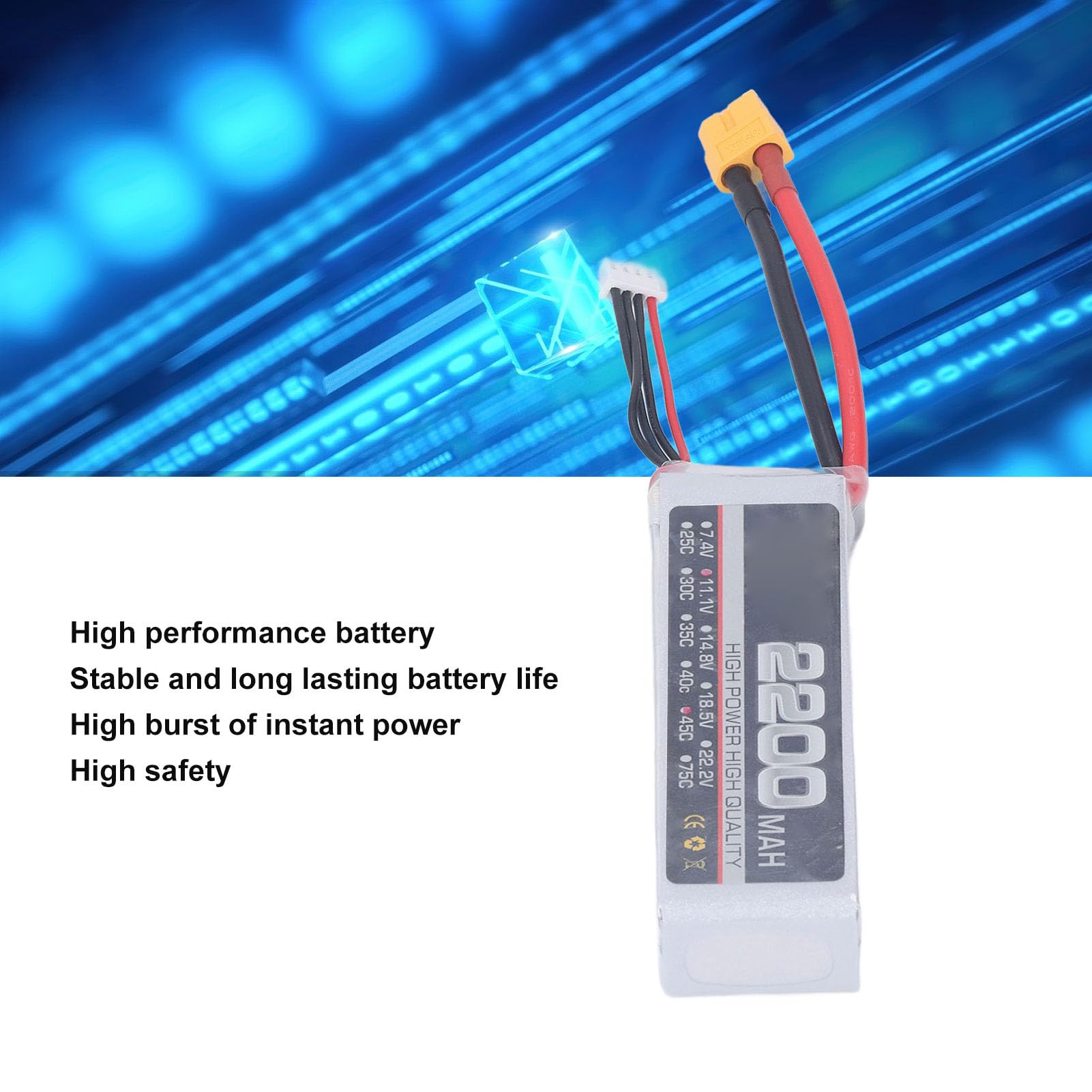 BATTERIA AL LITIO AD ALTA VELOCITÀ PROFESSIONALE 11,1 V 3 S 2200 MAH 45C BATTERIA RC LIPO AD ALTE PRESTAZIONI STABILE ED EFFICIENTE PER PARTI DI DRONE RC (XT60)