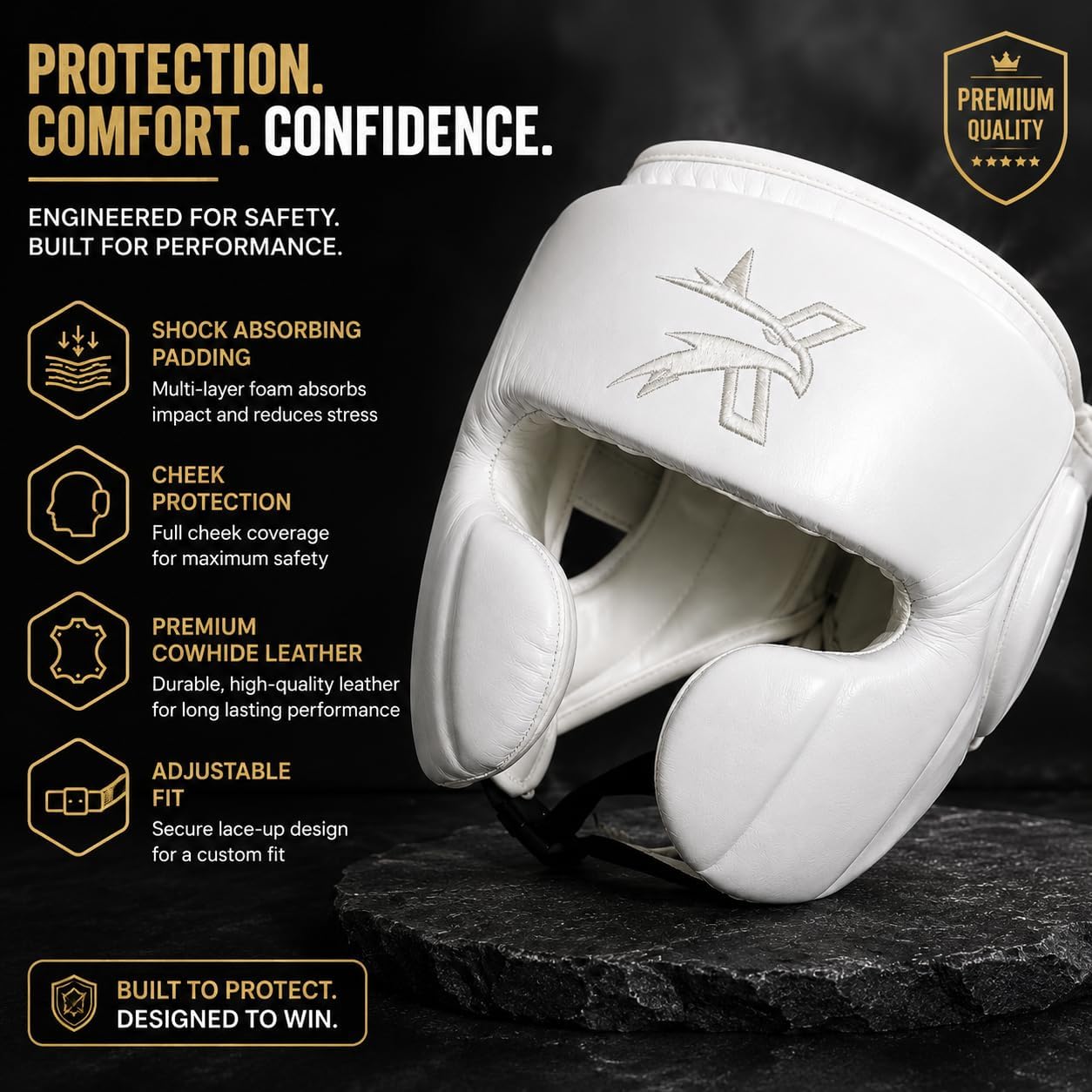 Premium Grain Leather Boxing Headgear Open Face with Cheek Protection, Full Face 360 View, Shock Absorbing Padding, Adjustable Sparring Helmet for Boxing MMA Muay Thai Kickboxing
