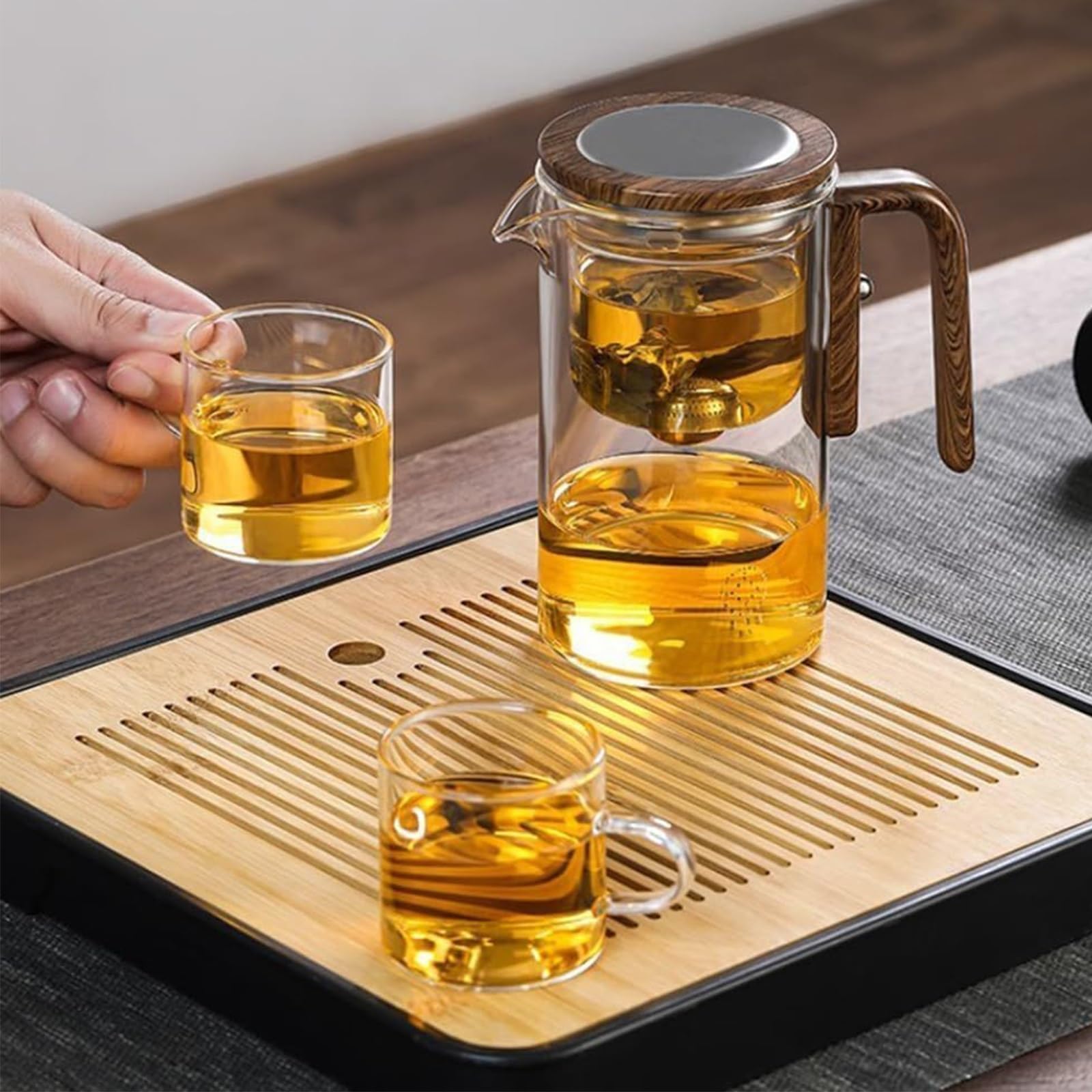 Tetera mágica Enchanti Tea, Tetera mágica Enchanti, Tetera de brujería Enchanti Tea, Tetera de Vidrio con separación de Agua y Mango de Madera (500 ml)(520ml)