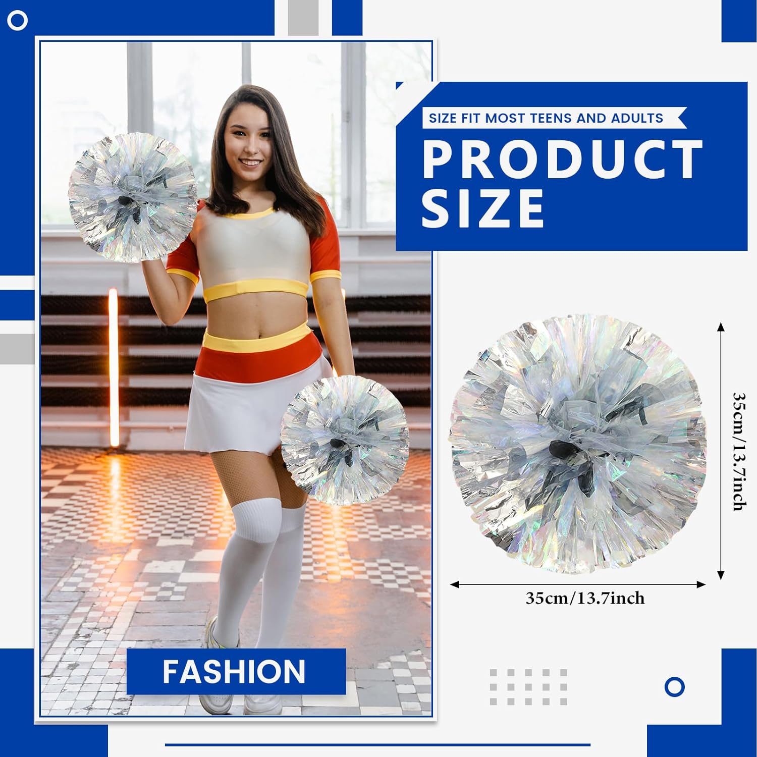 20 PCS Cheerleading Poms, 13.8inch Sports Dance for Sports Team Spirit Cheering with Finger Rings (Colorful+Silver)