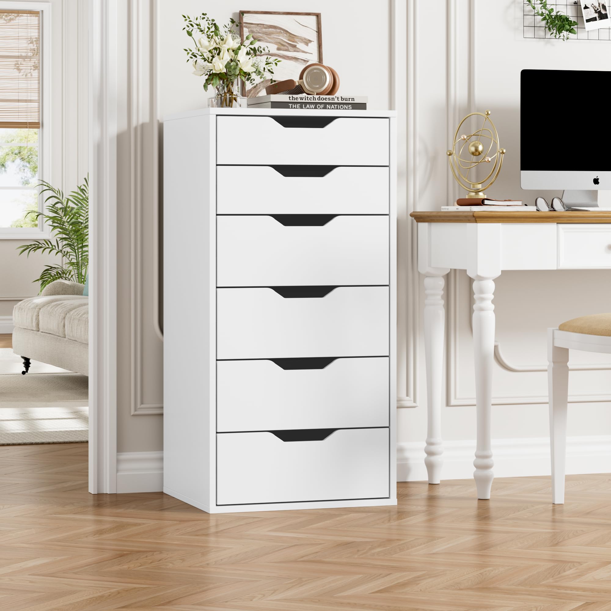 FOREHILL Cassettiera a 6 Cassetti, Cassettiera Camera da Letto Bianca, Comò con Cassetti Comodino in Legno, per Soggiorno, Camera da Letto, Corridoio, Cucina 40 x 45 x 90.5cm (Bianco)