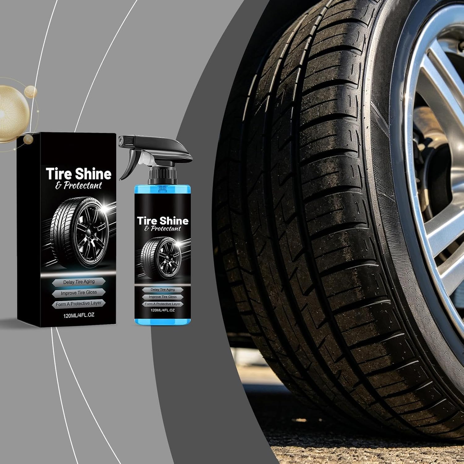 Tire Shine Spray, Wheel Dressing Restorer, Glossy Tire Coating, 120ml Car Care Cleaner Rubber Trim Protection Spray for Motorcycle Truck Sedan SUV Rv Bike Garage Detailing Offroad Maintenance
