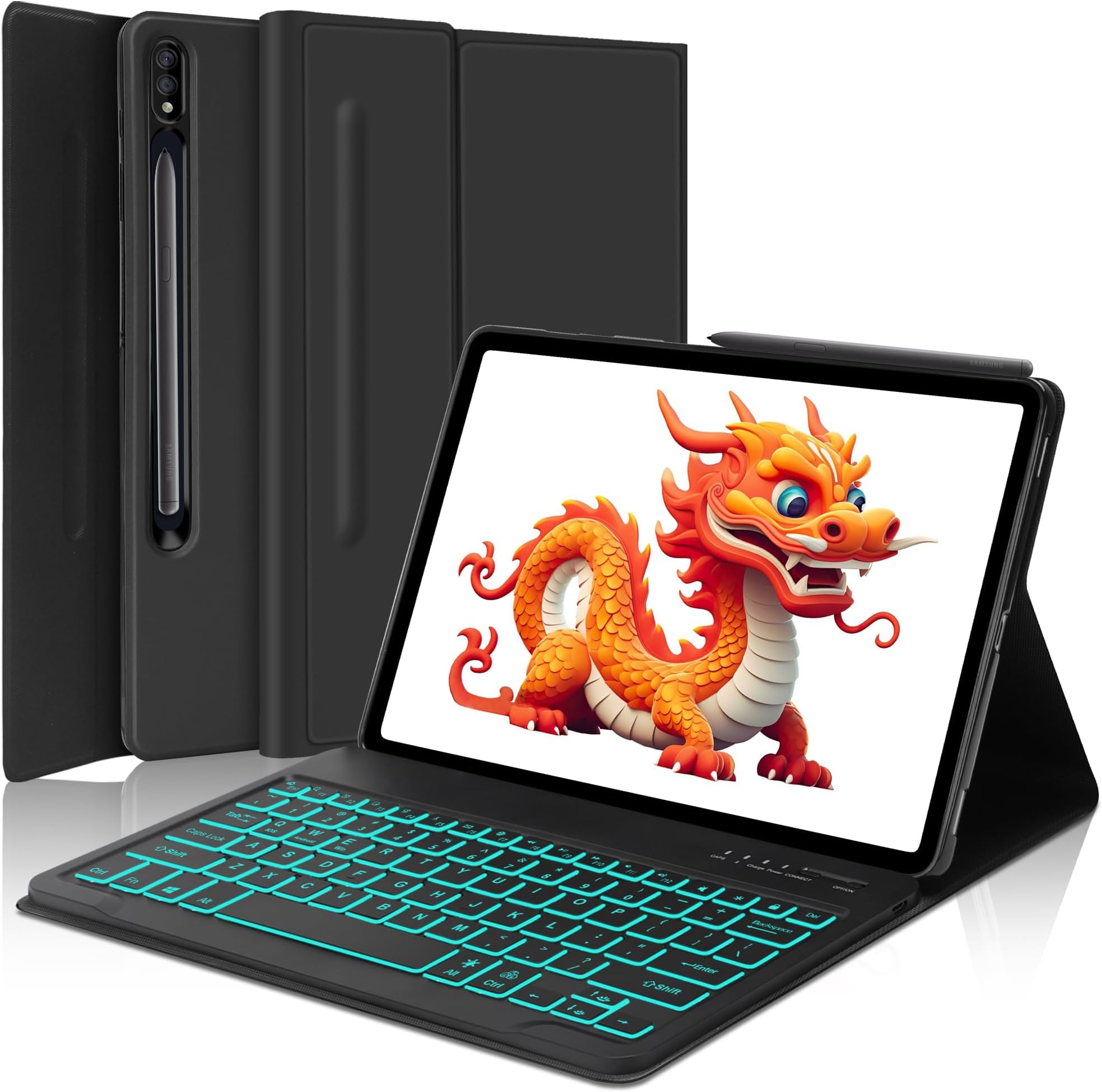 Galaxy Tab S9 FE+/ S9+ /S10+ 12.4 Inch Case with Keyboard, 7 Color Backlit, Detachable Bluetooth Keyboard Cover for Samsung Tab S10+ Plus/S9+ Plus/S9 FE+ Plus/S8+ Plus/S7FE/S7+ Plus 12.4", Black