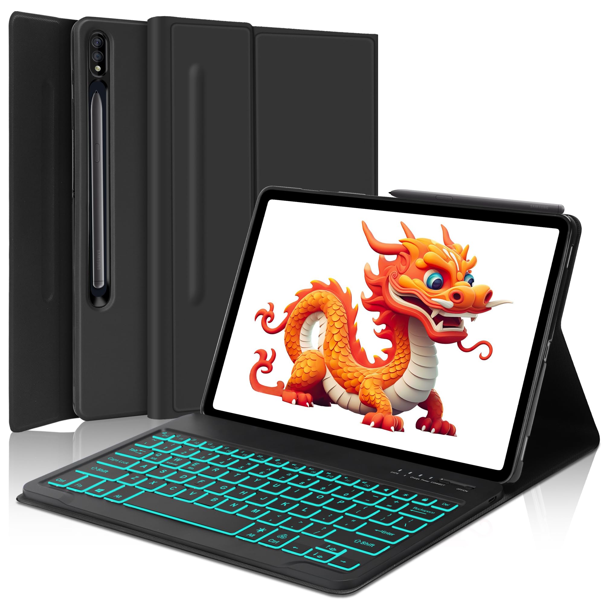 Galaxy Tab S9 FE+/ S9+ /S10+ 12.4 Inch Case with Keyboard, 7 Color Backlit, Detachable Bluetooth Keyboard Cover for Samsung Tab S10+ Plus/S9+ Plus/S9 FE+ Plus/S8+ Plus/S7FE/S7+ Plus 12.4", Black