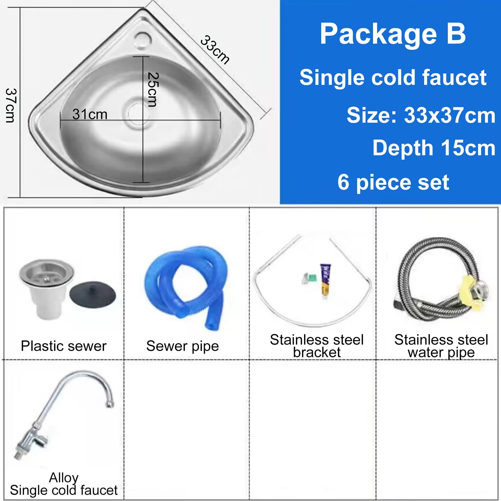 Fregadero De Cocina De Un Seno, Fregadero Independiente De Acero Inoxidable, Lavabo Triangular De Pared, con Grifo Y Tubería, Kit De Desagüe, para Restaurante, Cocina Y Hogar (Paquete B 33x37x15cm)