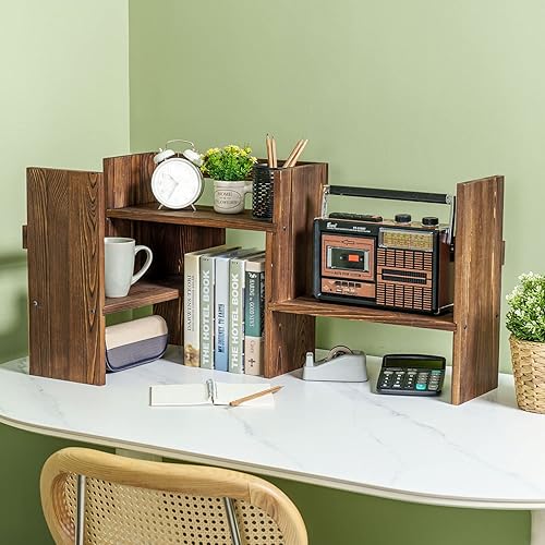 Miniatura 5 de MyGift Estante de escritorio ajustable, estante organizador apilable de madera maciza quemada rústica de lujo, estante organizador de estantería de