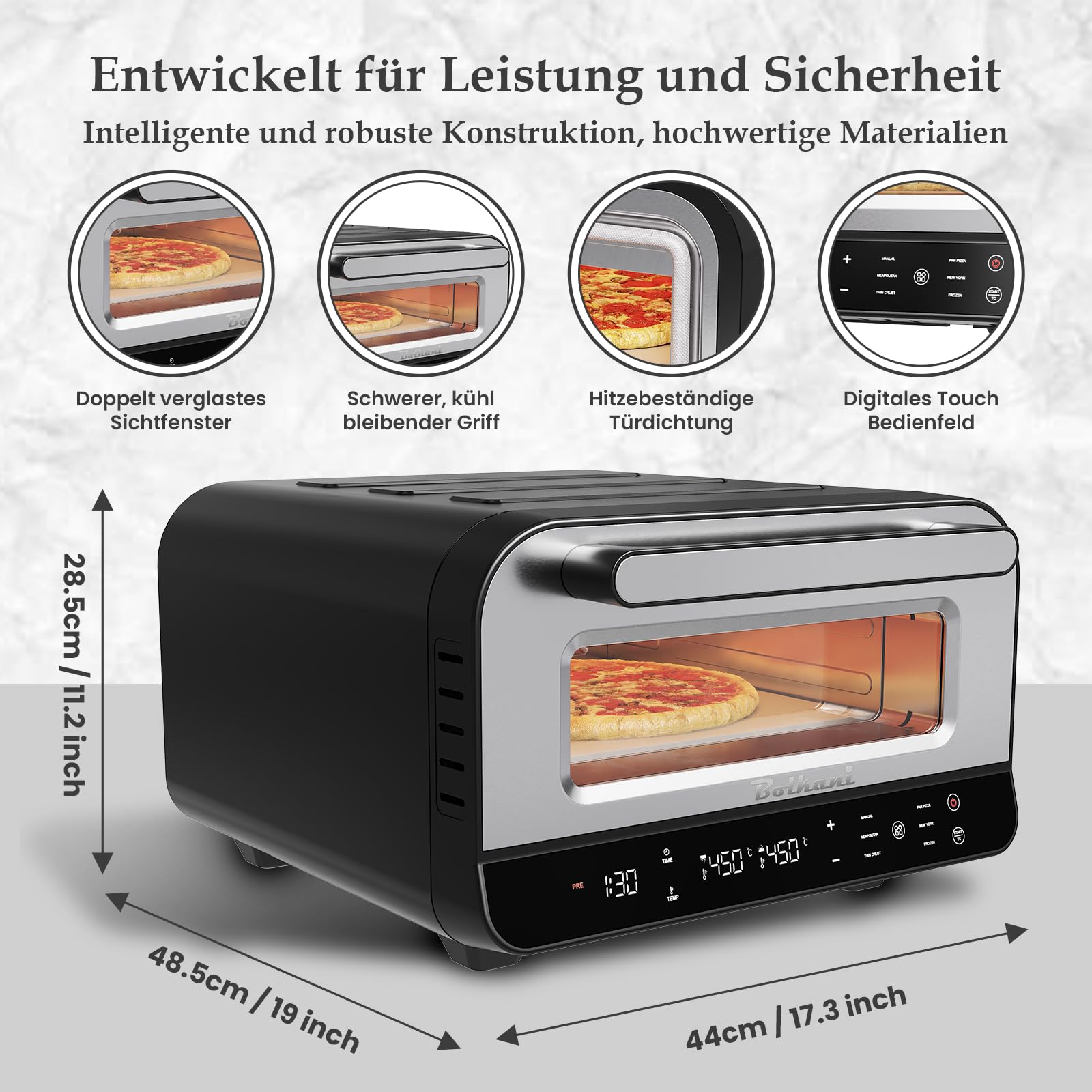 Pizzaofen Elektrisch 450 Grad mit Pizzastein, Profi Steinofen für Zuhause Indoor, Timer Ober Unterhitze 80-450°C Sichtfenster Innenbeleuchtung Tischpizzaofen Edelstahl
