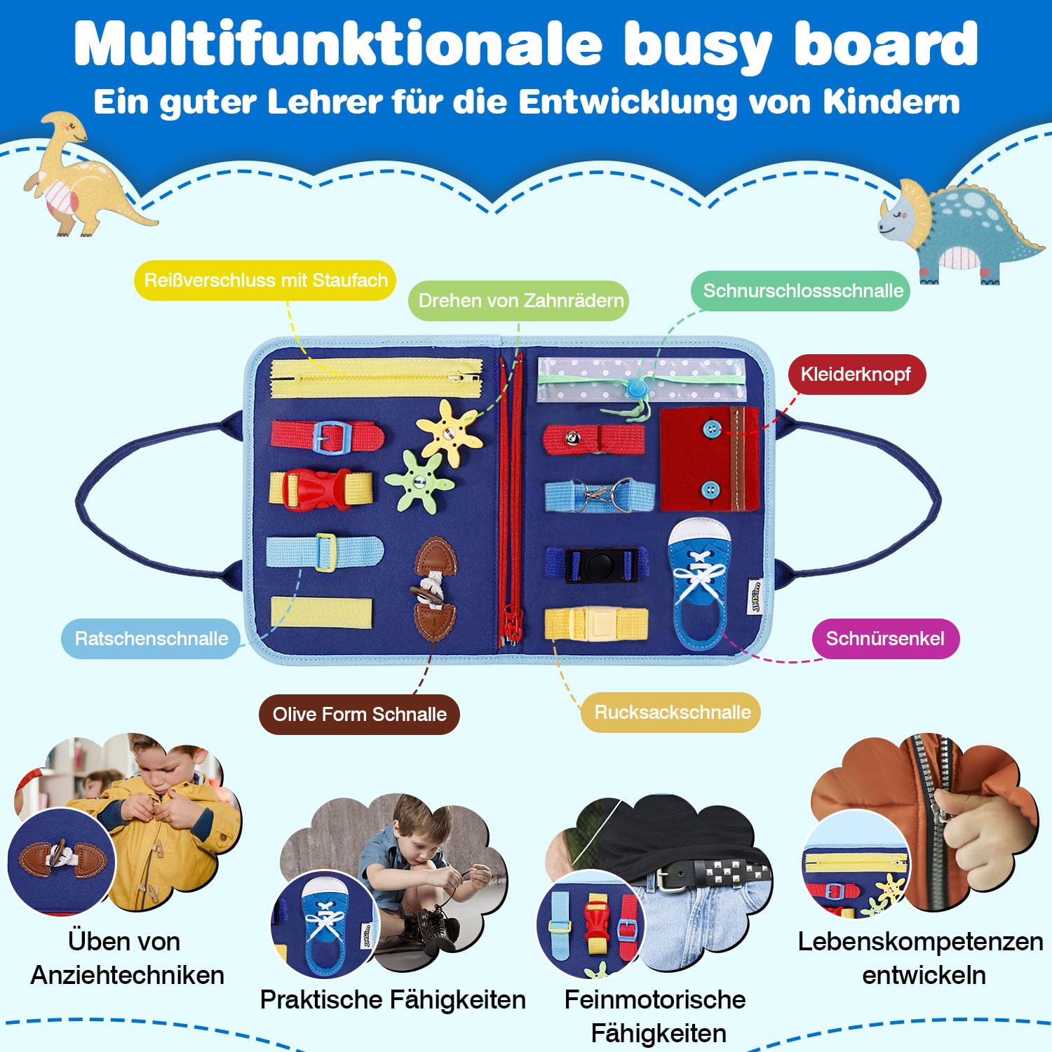 JHkim Busy Board Deutsch Montessori Spielzeug ab 1 2 3 4 Jahre, Geschenk für Jungen & Mädchen, Kinder Lernspielzeug Activity Busy Book, Motorikspielzeug Motorikbrett für Reise/Auto/Flugzeug