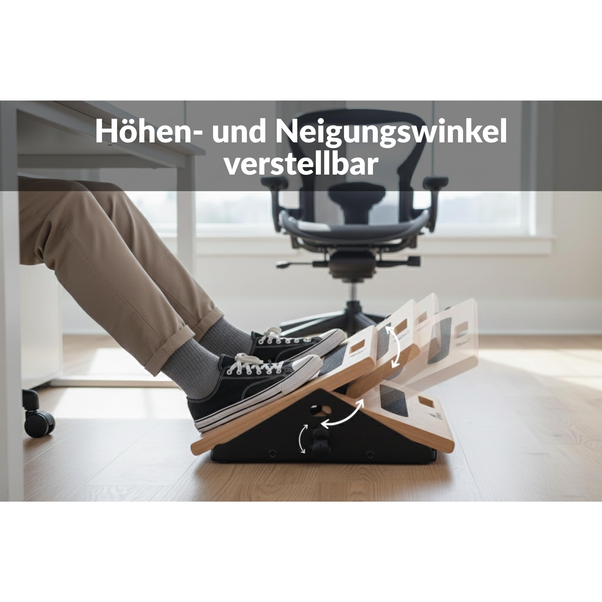 Ergonomische Fußstütze für Schreibtisch, höhenverstellbar, für Büros, niedrige Bewegung, weiche Bewegung, mit Rollen, Sohle aus Holz und Stahl, minimalistisches und elegantes Design, ideal