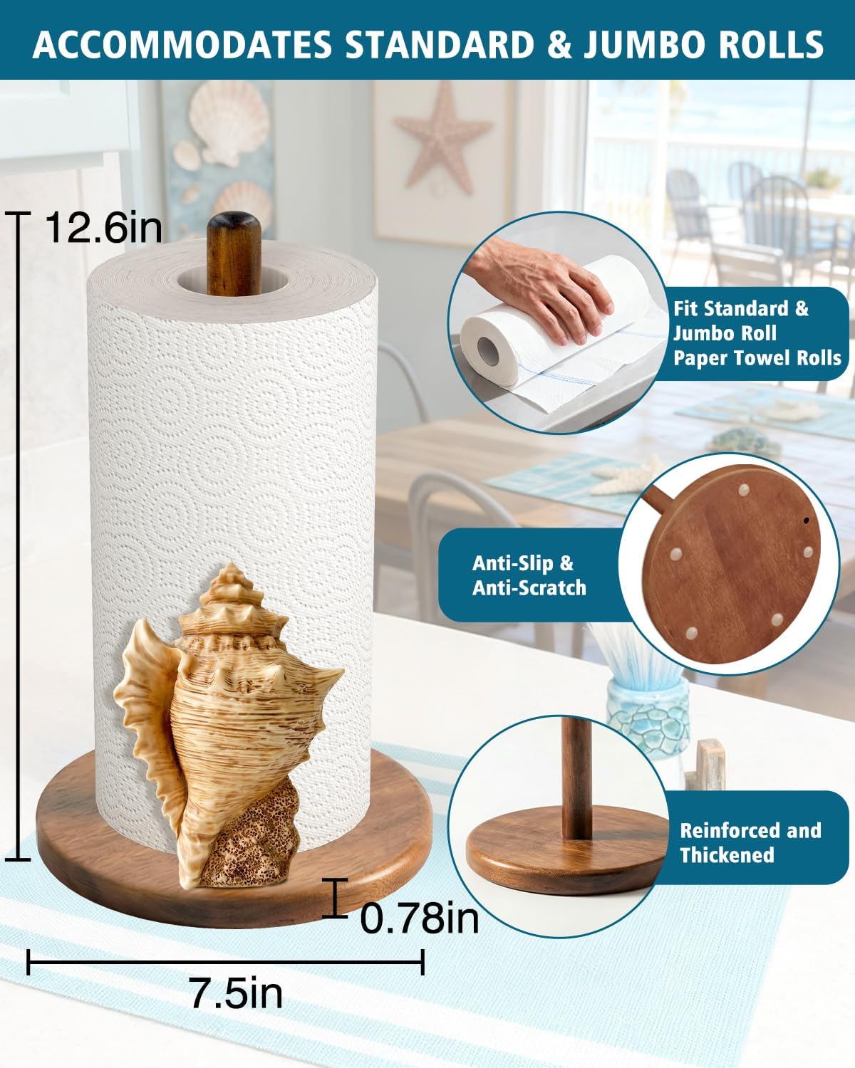 Conch Paper Towel Holder - Coastal/Beach/Ocean Decor for Kitchen Bathroom Home Countertop - Gifts for Women - 3D Cute Beachy Stuff Decorative Accessories
