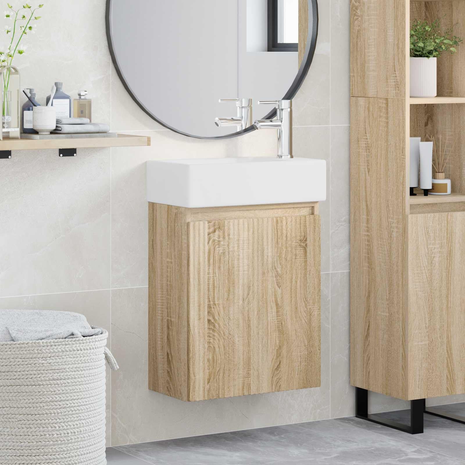 Genérico Módulo de baño con grifería Roble Sonoma 45,5 x 22,5 x 84 cm,Armarios y Almacenamiento,Tocadores de baño,20.1 kg-889453