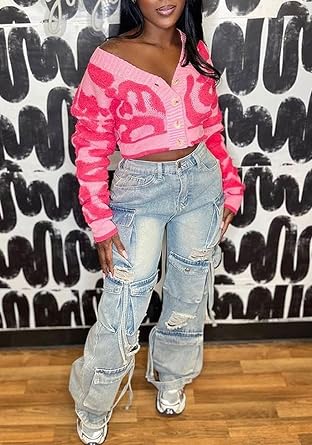 Women's Button Down Cropped Cardigan Y2K Long Sleeve V Neck Open Front Graphic Cardigan Sweaters Streetwear